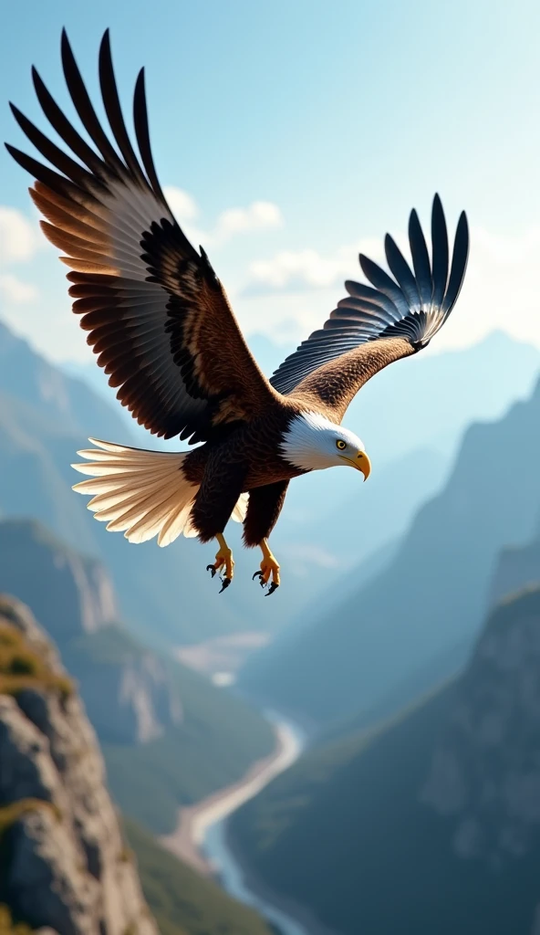 Ultrarealistic 8k Image,"An eagle soaring on invisible air currents, in a clear and sunny sky. The mountains and valleys below are small, distant, showing the incredible height she has reached. Its wings are wide open, with detailed feathers capturing the gentle wind that sustains it. The eagle's expression is one of confidence and control, as if he were taking advantage of natural forces to climb effortlessly."