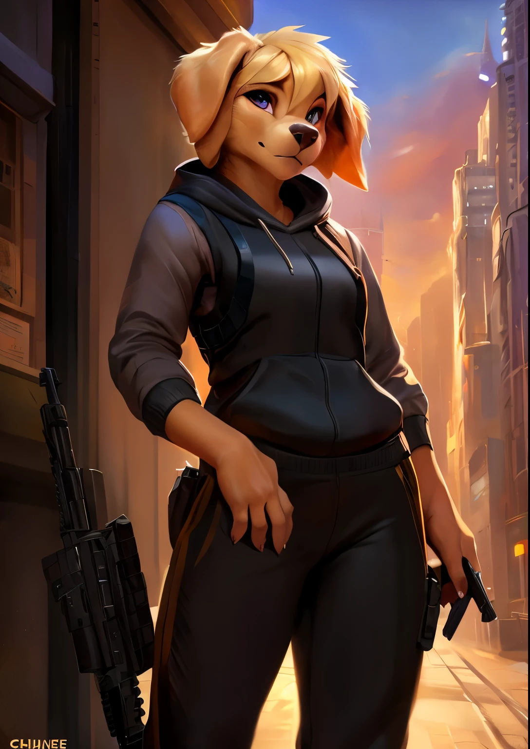 4k, high resolution, best quality, masterpiece, perfect colors, perfect shadows, beautiful and detailed portrait of a (((feminine))), perfect lighting, posted on e621, (by Chunie, by Einshelm), furry, anthro, furry art, ((portrait)), Female, fit body, perfect body, detailed fur, detailed face, ((Bonifasko lighting)), (detailed eyes), perfect pupils, sweatpants, wearing clothes, black hoodie, golden retriever, blonde hair, military tactical vest, angry facial expression, tight clothes, city, futuristic city, gun