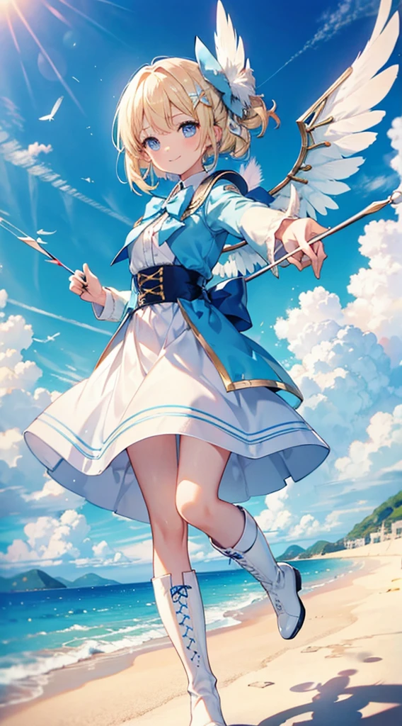 Blonde hair and blue eyes Light blue clothes skirt Bow and Arrow Feather hair ornament bright smile Wings are growing White boots