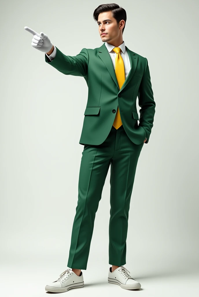 I would like a highly realistic full body image of a man. He should be wearing a green suit, green pants, white shirt and yellow tie. The background should be a neutral environment, white and well lit. The man&#39;s hair should be combed to the side and he should wear white gloves.. He should be pointing to the side with his right index finger as if he were pointing to a sign next to him above his shoulder but looking at the camera and positioned in front of it., and the camera must be at eye level, capturing the whole body, and the image must be in high resolution. The shoes should be sneakers.