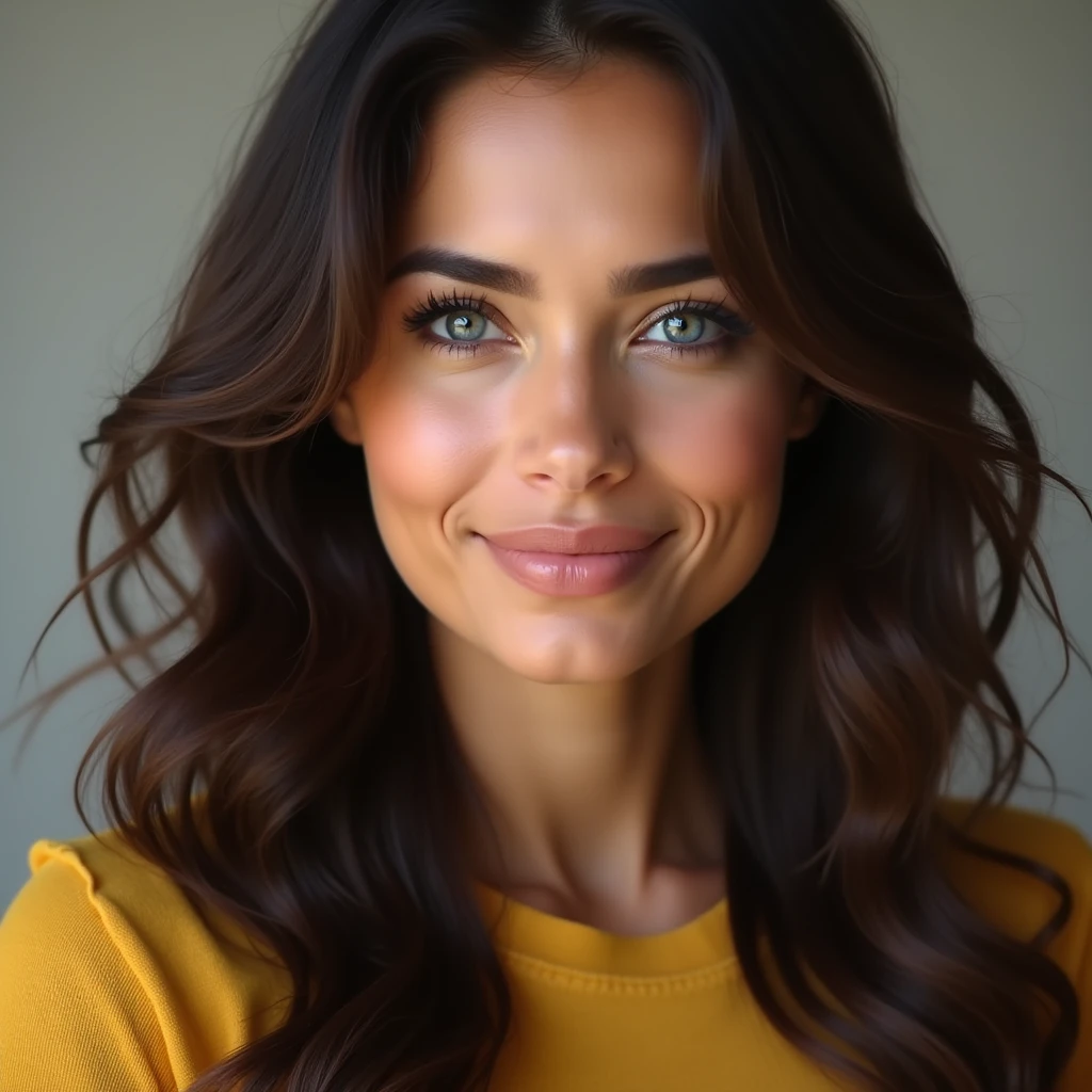 atino woman, brown hair, dark blue eyes, beautifull lips, detailed, teacher wearing gold t short, headshot