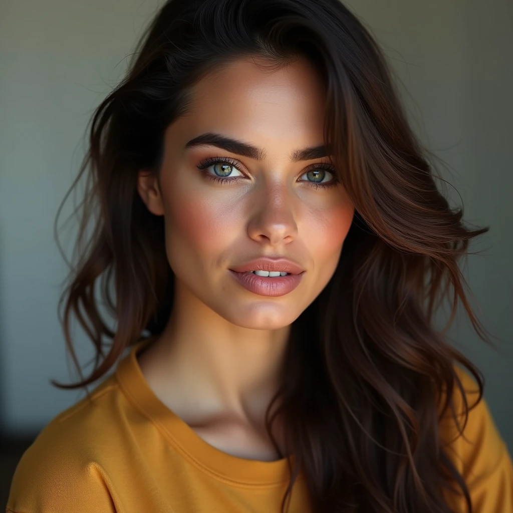 atino woman, brown hair, dark blue eyes, beautifull lips, detailed, teacher wearing gold t short, headshot