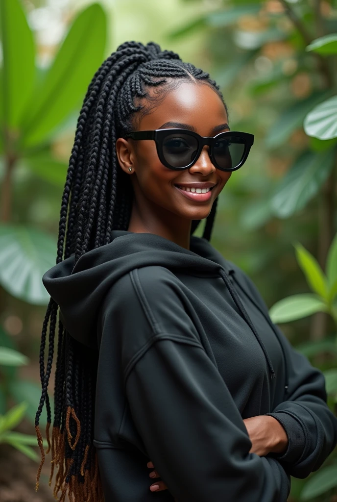 (photorealism:1.2),a black beautiful woman,22 years,sharp boobs,smiling,wearing a fitting hoodie,long braids,black oversized photo chromatic glasses with grey lenses, standing in nature, realistic details