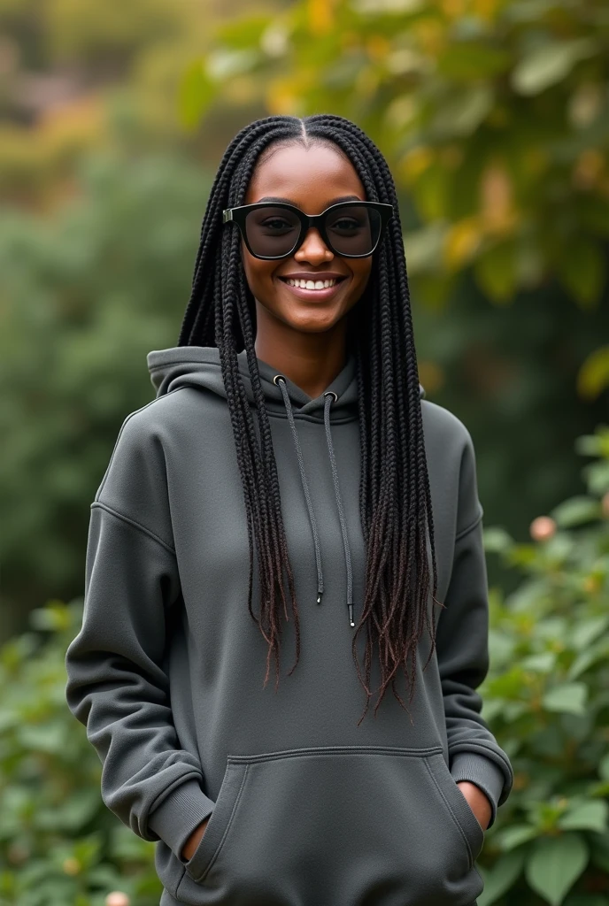 (photorealism:1.2),a black beautiful woman,22 years,sharp boobs,smiling,wearing a fitting hoodie,long braids,black oversized photo chromatic glasses with grey lenses, standing in nature, realistic details