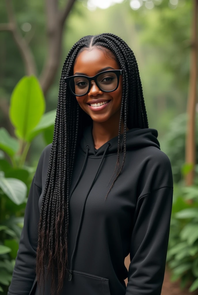 (photorealism:1.2),a black beautiful woman,22 years,sharp boobs,smiling,wearing a fitting hoodie,long braids,black oversized photo chromatic glasses with grey lenses, standing in nature, realistic details
