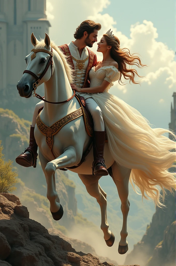 King and queen sitting on a horse with seeing  each other in love on horse jump aat two back legs from a far kingdom 