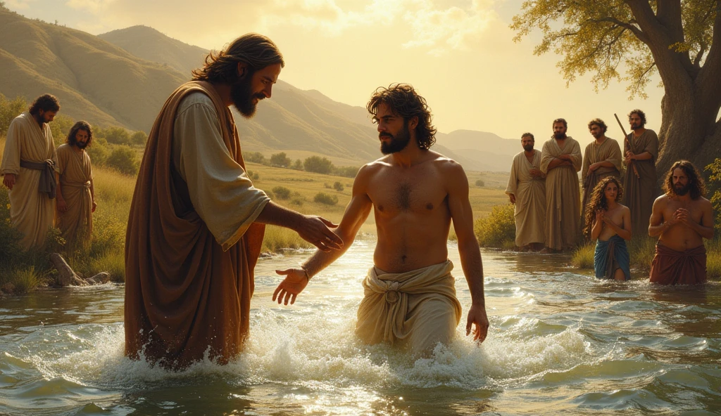 biblical history,
John the Baptist baptizing Jesus in the Jordan River, in the background several sinners