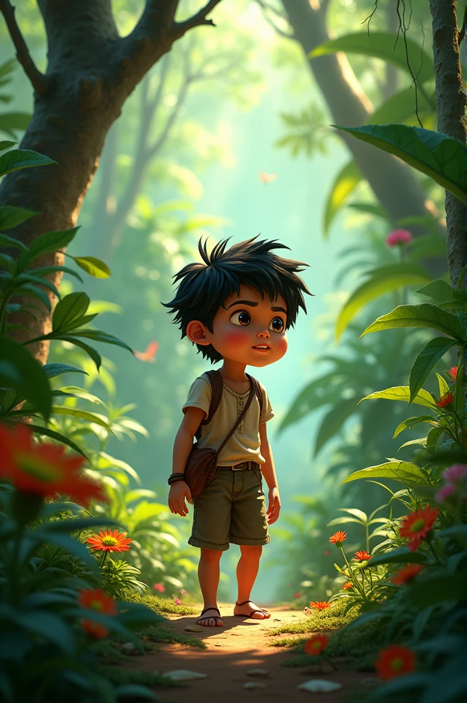 Image prompt: A curious  (Raju) walking in the jungle, looking around with wide eyes, surrounded by lush greenery and exotic plants.