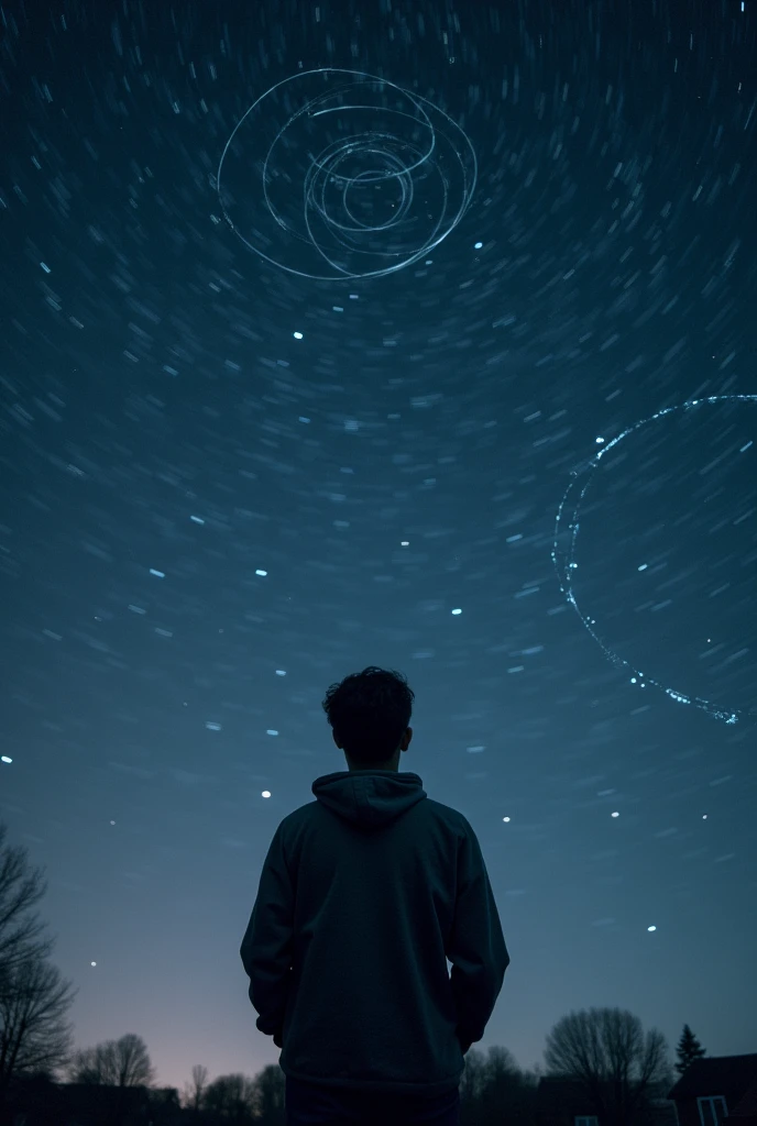 long exposure starry sky with many circular orbits, focus at stars,silhouette of a young man with his hands in her coat pockets looking up at it,golden ratio, wearing Hoodie