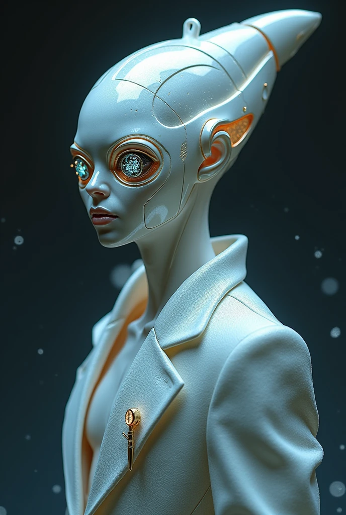 Santron&#39;s skin has a silvery hue with a pearlescent sheen., slightly transparent, as if radiating an inner glow. He has a small antenna on his head., which serves to connect to digital networks . The eyes are large and round, , with vertical pupils, that glow with a bright light. Dressed in a stylish suit, combining elements of space design and fashion trends.. Confident and cunning. Possesses incredible charisma and the ability to persuade. Loves money and luxury, but at the same time he is ready to help others, if it is beneficial for him. Constantly looking for new financial opportunities. Abilities: Digital magic: Can manage digital devices and currencies, predict market trends and find profitable investments. Intergalactic Trader: Has extensive knowledge of various galactic currencies and trade routes.. Fast adaptation: Easily learns new technologies and languages.
