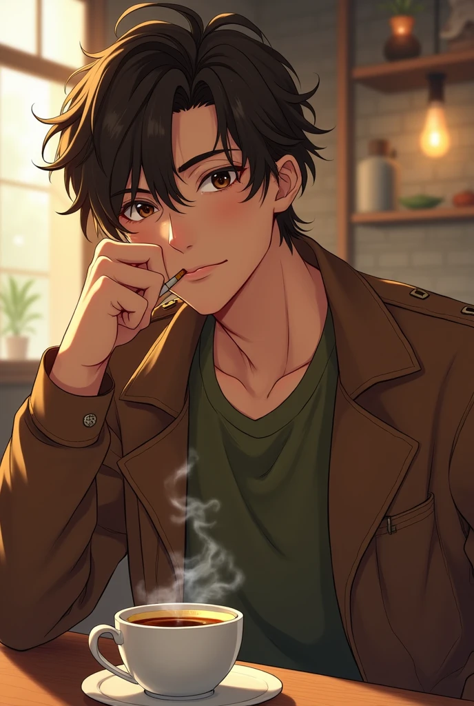 Anime cute guy short brown hair brown eyes light tan skin smoking cigarette coffee on the table wearing an olive green shirt and a cool brown jacket