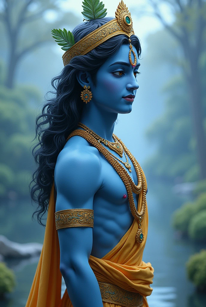 Realistic krishna ji photo, cool and peace full background, and write in thumbnail achyutam keshvam