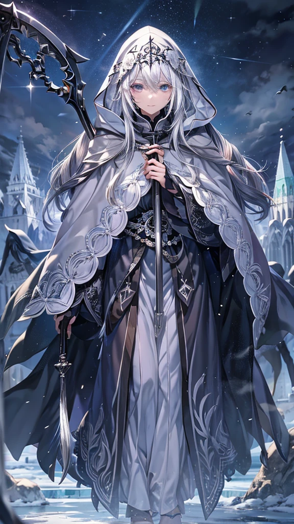 woman、beautiful、Silver Hair、Black hood、Embroidered and decorated robes、What size is the person standing there holding a scythe in his hand?、Ice Magic、cathedral、night、dark、Elfriede