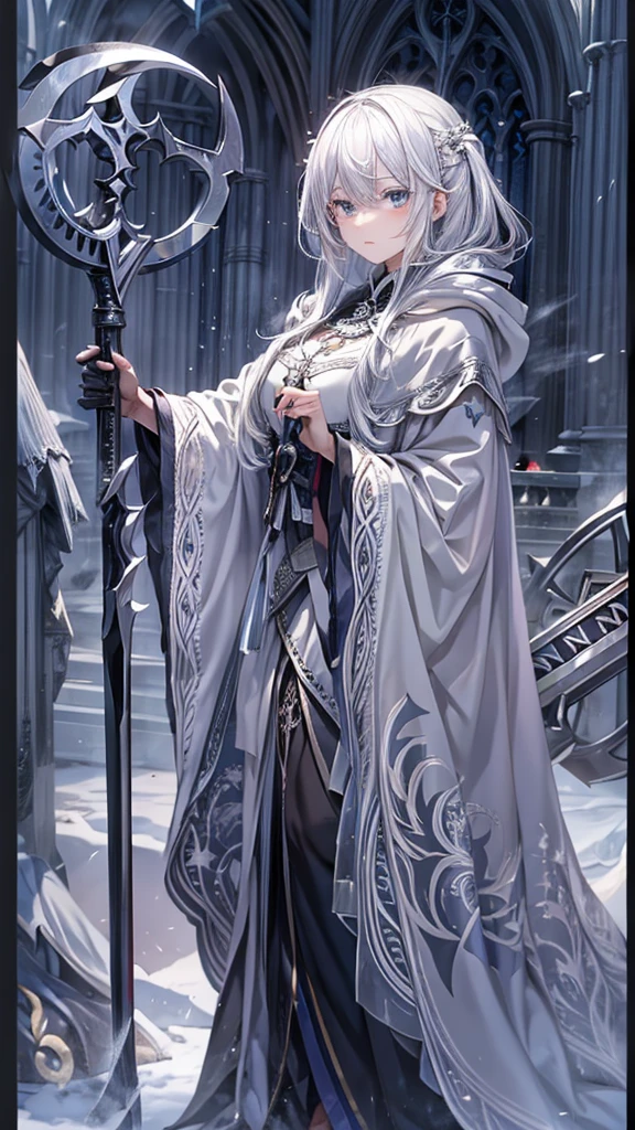 woman、beautiful、Silver Hair、Black hood、Embroidered and decorated robes、What size is the person standing there holding a scythe in his hand?、Ice Magic、cathedral、night、dark、Elfriede