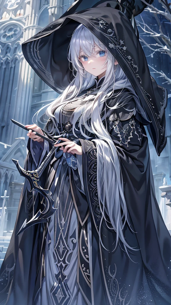 woman、beautiful、Silver Hair、Black hood、Embroidered and decorated robes、What size is the person standing there holding a scythe in his hand?、Ice Magic、cathedral、night、dark、Elfriede