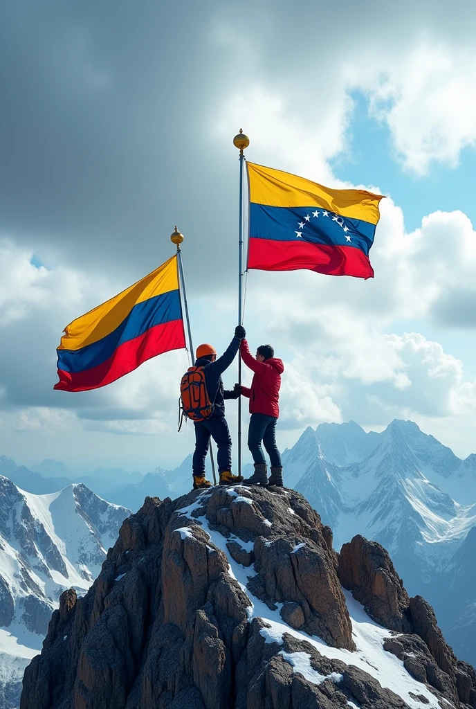 Two people raising flags, one flag of Venezuela and another flag of Ecuador on a high mountain, but it should be a real photo, not a drawing