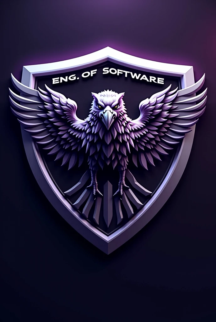 generate a 3D sports raven mascot logo shield in shiny silver and purple color, put a text ????? "Eng. of Software" that involves the shield