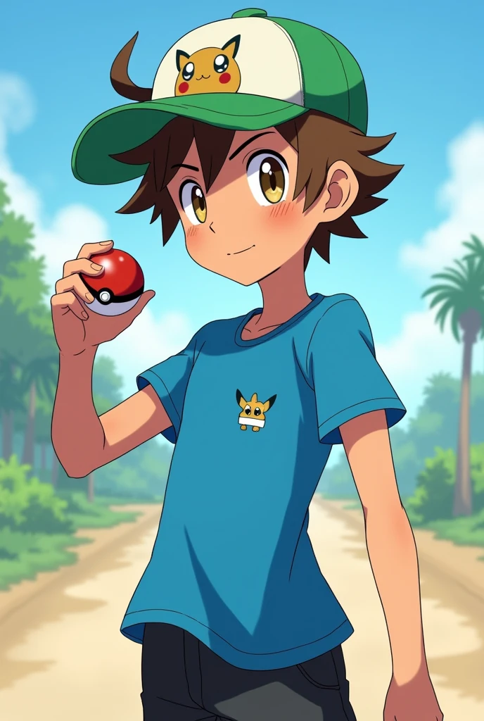 The brown-haired boy has a green cap that contrasts with his blue t-shirt.. His youthful face is illuminated by curious, expressive eyes, that shine with enthusiasm. A light sardine punctuates your nose, suggesting a trace of mischief. Under the cap, a few unruly strands of brown hair escape, softly messy as if the wind played with them.
He wears a vibrant blue t-shirt, that fits comfortably on a slim body. The t-shirt is adorned with small details that reveal your love for the Pokémon universe - perhaps small Pikachu or discreetly printed Poké Balls. Your black pants are practical and casual, perfect for unexpected adventures, while your sports shoes look ready for any challenge.
In one hand, firmly hold a red and white Poké Ball, symbol of your journey as a potential Pokémon trainer. Your gesture is confident, ready to catch or challenge new Pokémon. Every movement reveals a mix of determination and youthful curiosity, a combination that promises great adventures in the world of Pokémon.