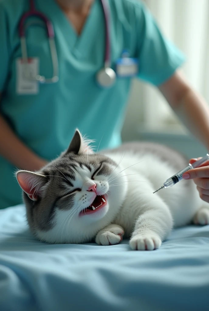 The white and grey realistic chubby cat is back on the hospital bed, lying on her side.Detail: A nurse is administering an injection into her backside while the cat is crying. The atmosphere is tense, and the cat's expression shows exhaustion and pain. The room is quieter, with fewer ants visible, but a sense of discomfort lingers. Pictures look like original and not blurred and 4k results.