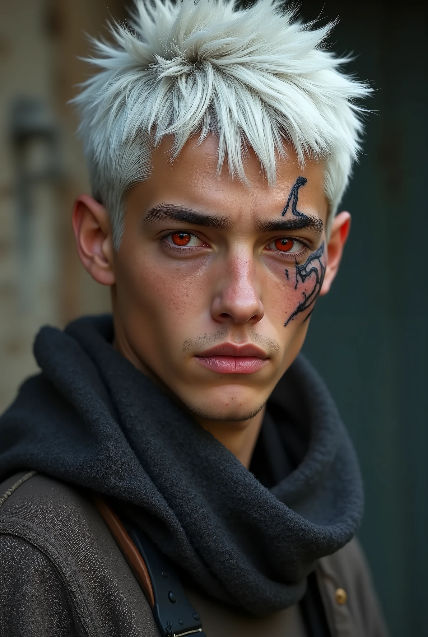 Joung man + white hair + red eyes + tan skin + fabric sweater + scar in face