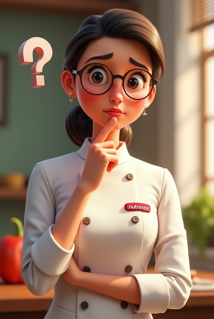 A FEMALE NUTRITIONIST WITH A MANAGERIAL AIR, DRESSED IN A CHEF'S OUTFIT WITH THE NUTRINOR COMPANY LOGO IN BURGUNDY RED, EMBROIDERED ON THE CHEST OF THE CLOTHING, WITH ONE HAND ON THE WAIST AND THE OTHER ON THE CHIN, expressing doubt. DRAWING LIKE PIXAR. WITH A QUESTION MARK ABOVE HIS HEAD, hand on the chin, IT MUST BE WITH AN EXPRESSION OF DOUBT