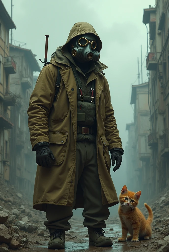 Make a picture of a Far in a gas mask and windbreaker with his kitten, in a post-apocalyptic setting