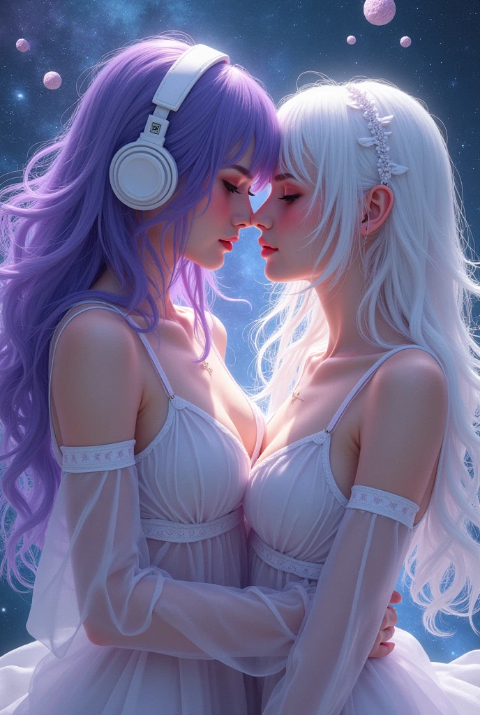 Korean purple hair butterfly woman with headphone and transparent cosmic dust outfit and/ white hair white woman flying over satellites in space galaxy friends two women together and satellites perfect face 