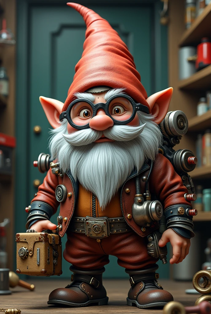 A gnome with a peculiar appearance, with a thick, gray beard and a pair of large, round glasses that almost never leave his nose. His outfit is an eclectic mix of tools, gears and technology parts, and he sir carries a box full of bizarre inventions 