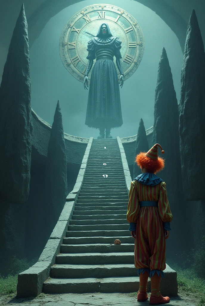 Create an image of a staircase, each step a year, referencing 7 years, and a huge stopped clock and a clown looking at death smiling.