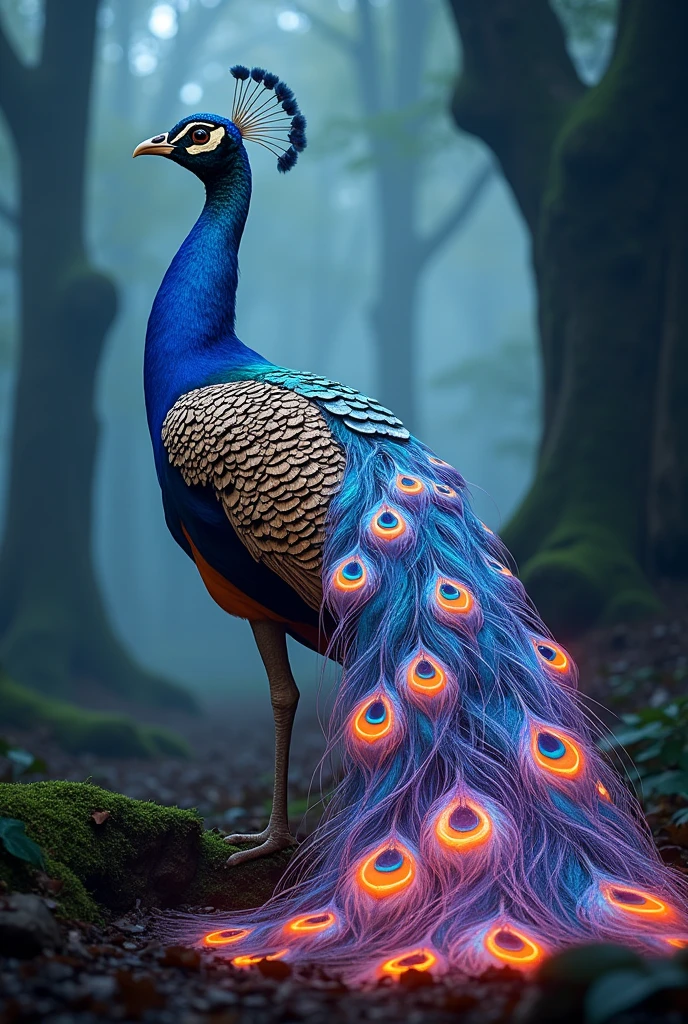 [Subject: A peacock with vibrant, supernatural feathers that shine from within, radiating an otherworldly glow. The feathers are reimagined with surreal, psychedelic patterns that flow and change colors fluidly, resembling a kaleidoscope of hues, but with extra-natural colors beyond the usual spectrum for a peacock. Image Type: Ultra-realistic photography with hyper-detail and a touch of the surreal. Art Styles: Surrealism, Psychedelic Art. Environment: Misty, enchanted forest with dappled sunlight filtering through ancient trees, casting soft light on the peacock's vivid, glowing feathers. Camera: Low-angle shot to emphasize the grandeur of the peacock, with a shallow depth of field to blur the background slightly. Lighting: Soft, diffused lighting that enhances the iridescent and glowing quality of the feathers, creating a slightly psychedelic atmosphere. Render: 8K resolution, photorealistic textures with a supernatural glow, ultra-sharp details in the feathers and forest. Inspirations: Salvador Dali, Ernst Haeckel, Alex Grey.]
