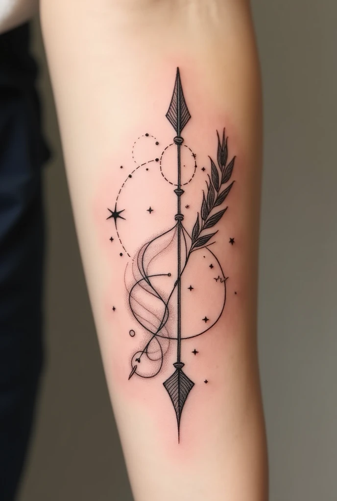 Creation of a small tattoo with an arrow for Sagittarius with strands of wheat for Virgo as well as the constellation of Scorpio