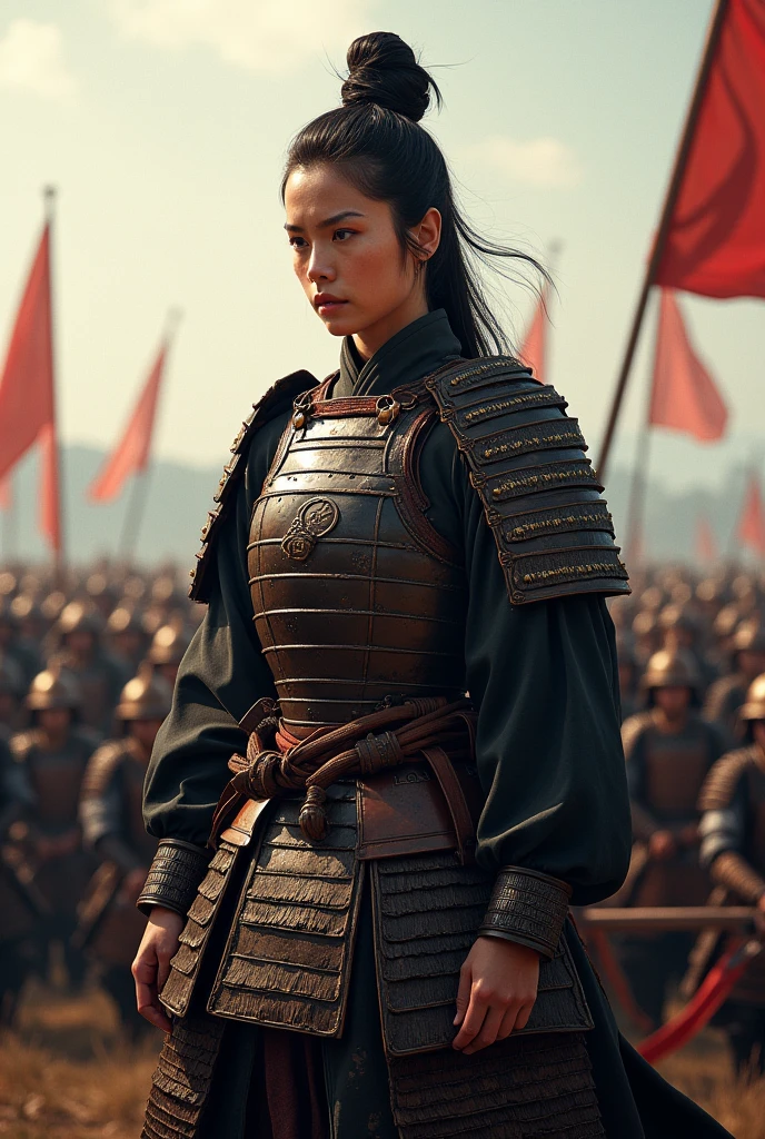 Create an ultra-realistic image of Hangaku Gozen, the brilliant female strategist who commanded an army of 3,000 samurai, defying the expectations of her time. Depict her in a commanding position, perhaps on a hilltop or in front of a large, organized assembly of samurai, illustrating her leadership and strategic prowess.
She should be dressed in traditional samurai armor with detailed metal plates, leather straps, and silk, featuring a kabuto (helmet) that signifies her high rank and strategic role. Her expression should reflect confidence, intelligence, and determination.
Include elements that highlight her role as a strategist: she could be holding a battle map or giving orders to her officers, with samurai around her paying close attention. The background should show a well-organized battlefield or a strategic encampment, with troops arranged in formation, banners flying, and a sense of anticipation in the air.
Ensure her hair is styled traditionally, perhaps in an elaborate updo or wrapped in a headband, and that her armor is adorned with symbols or insignia denoting her rank and achievements. Use soft, dramatic lighting to emphasize her presence and the details of her attire and surroundings. Capture the essence of her leadership and the respect she commanded from her army.