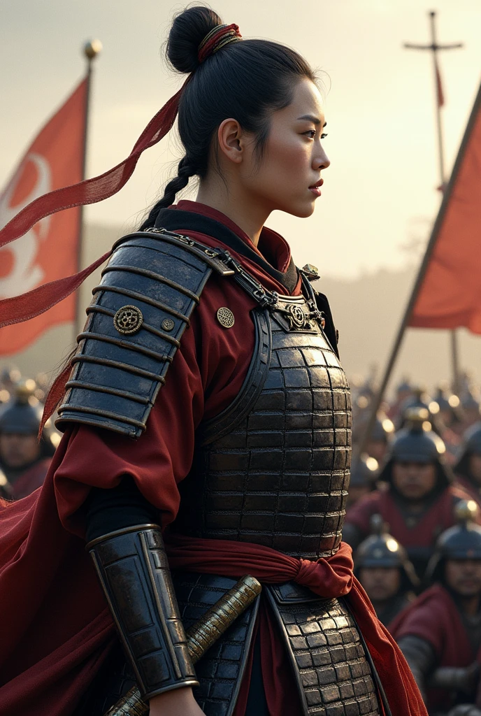 Create an ultra-realistic image of Hangaku Gozen, the brilliant female strategist who commanded an army of 3,000 samurai, defying the expectations of her time. Depict her in a commanding position, perhaps on a hilltop or in front of a large, organized assembly of samurai, illustrating her leadership and strategic prowess.

She should be dressed in traditional samurai armor with detailed metal plates, leather straps, and silk, featuring a kabuto (helmet) that signifies her high rank and strategic role. Her expression should reflect confidence, intelligence, and determination.

Include elements that highlight her role as a strategist: she could be holding a battle map or giving orders to her officers, with samurai around her paying close attention. The background should show a well-organized battlefield or a strategic encampment, with troops arranged in formation, banners flying, and a sense of anticipation in the air.

Ensure her hair is styled traditionally, perhaps in an elaborate updo or wrapped in a headband, and that her armor is adorned with symbols or insignia denoting her rank and achievements. Use soft, dramatic lighting to emphasize her presence and the details of her attire and surroundings. Capture the essence of her leadership and the respect she commanded from her army.