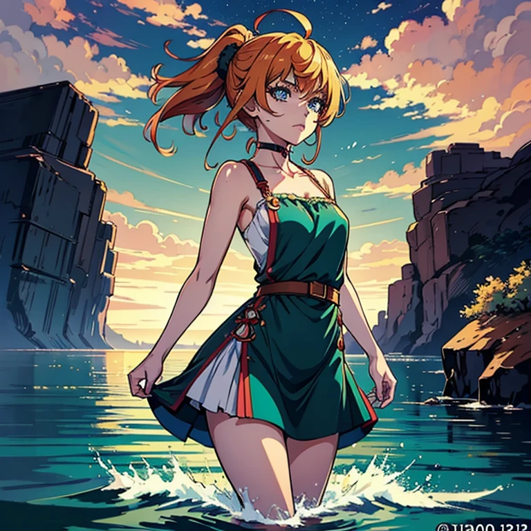 anime artwork beautiful woman wearing a (water dress) Looking over the shoulder in New Vegas, Close-Up, from front, [full body],
frustrated,
Top Knot,
Ginger hair, . anime style, key visual, vibrant, studio anime,  highly detailed, night sultry look, seductive,
