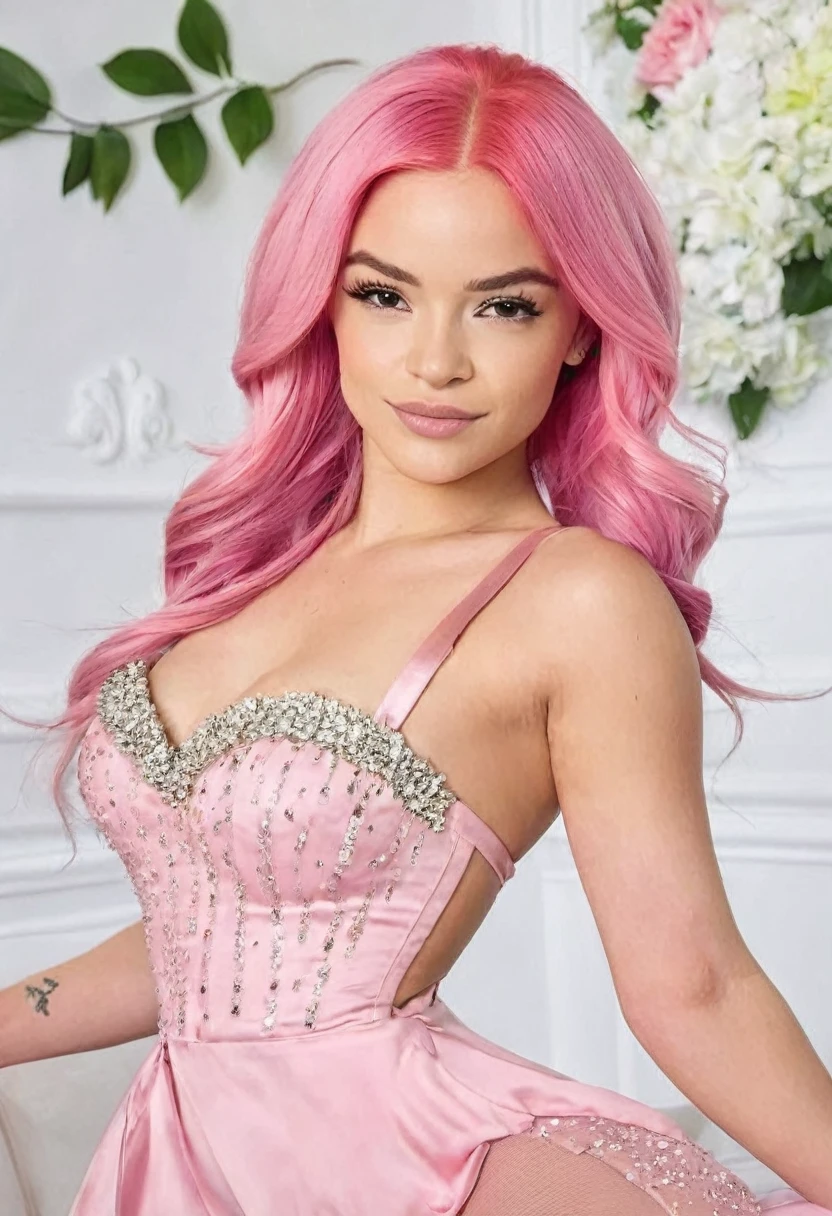 ((high quality:1.2)), (8k), extremely detailed, ((High detail:1.2)), ((best resolution:1.4)), (HotLexi), (Elsa Jean with pink hair), Solo, ((24 years old brazilian female:1.45)), ((dress)), (perfect hot body, thick thighs), (standing),