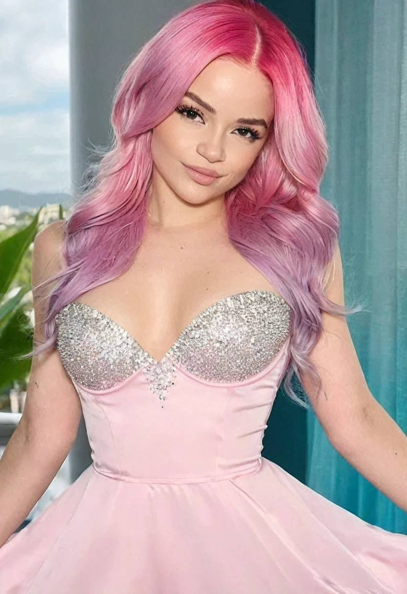 ((high quality:1.2)), (8k), extremely detailed, ((High detail:1.2)), ((best resolution:1.4)), (Elsa Jean with pink hair), Solo, ((brazilian female:1.45)), ((dress)), (perfect hot body),