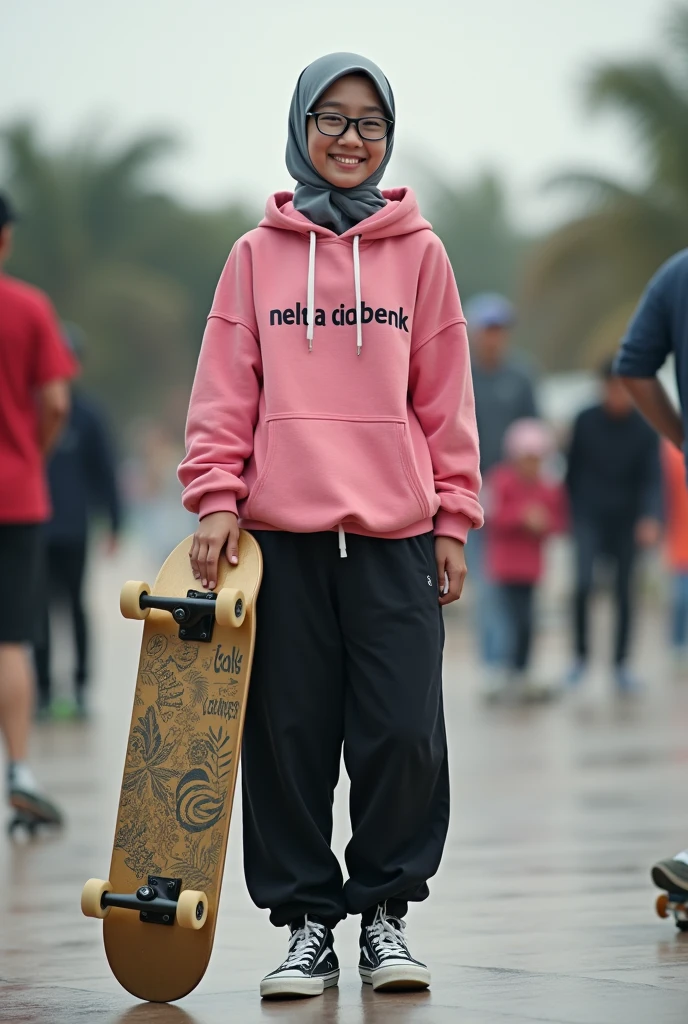 Real photo. 180cm young Indonesian woman smiling face. wearing glasses. wearing the hijab syari. wearing a hoodie pink that says "NELTA CIABENK" black jogger pants. Vans sneakers, holding a skateboard made of gold behind which says "10K FOLLOWERS" the atmosphere of an American skate board ride. many skaters are playing. realistic photopgraphy, hyper realistic