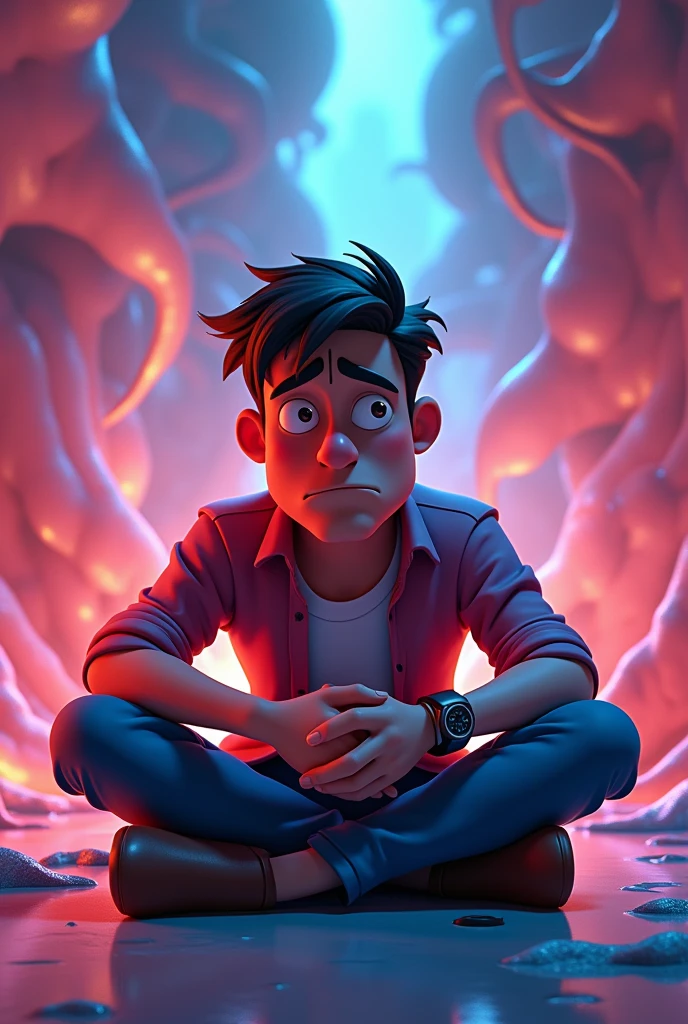 Create cinematic 3d cartoon style images "a man sitting in tention? Colour full,vertule"
