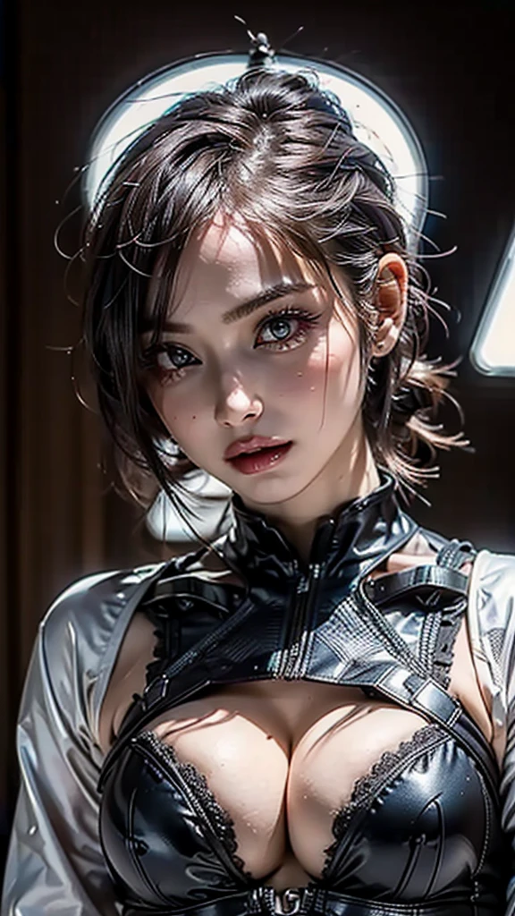 ((Highest quality, 16K, masterpiece: 1.3)), (beauty, big: 1.2, Slim abs: 1.2), (Ultra detailed face, Highly detailed lips, Detailed eyes, double eyelid), ((Wearing a plug suit)), 1 female, Short bob woman, One mole on the right breast
