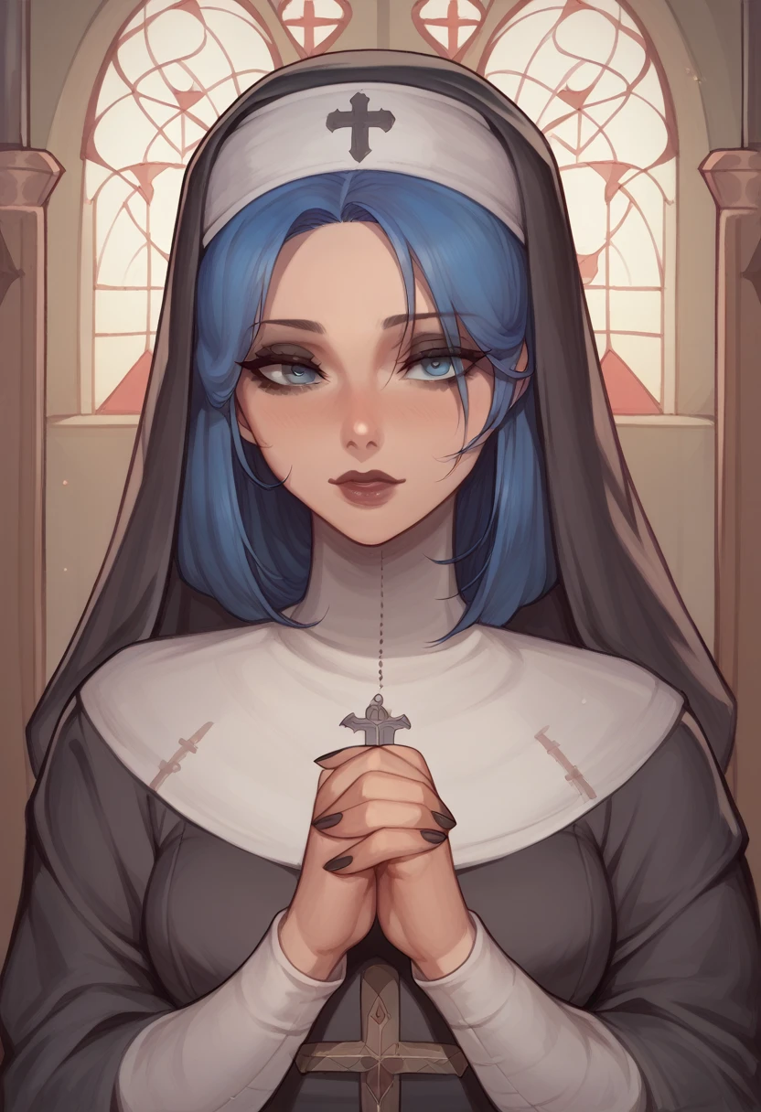 A sensually brooding nun with smoky eyes and tousled turquoise hair, her posture exuding confidence and mystery. She is clad in a nun's dress, a tattoo peeking from beneath torn clothes. In a striking photograph her tattoo glimmers against the backdrop. Her huge exposed breasts add to her allure, a black cross tattoo underneath her eye, as the camera looks at her from the back. This is a captivating and high-quality image that blends eroticism with edginess, inviting viewers to ponder the enigmatic story behind the woman's intense gaze. ((She wears a ((silver cross)) with a ((silver chain)) around her (neck))) and has black lipstick on, in the church as the background.