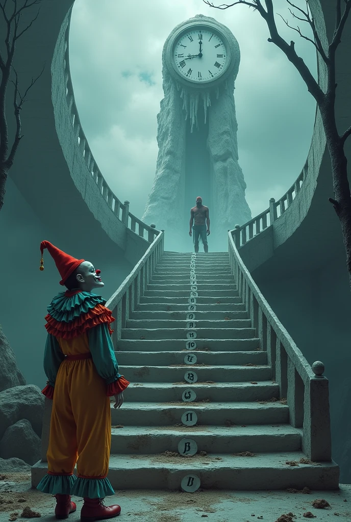 Create an image of a staircase, each step a year, referencing 7 years, and a huge stopped clock and a clown looking at death smiling.