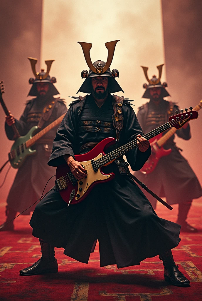 1 samurai is playing electric guitar 2nd samurai is playing bass guitar, and 3nd one is playing drum