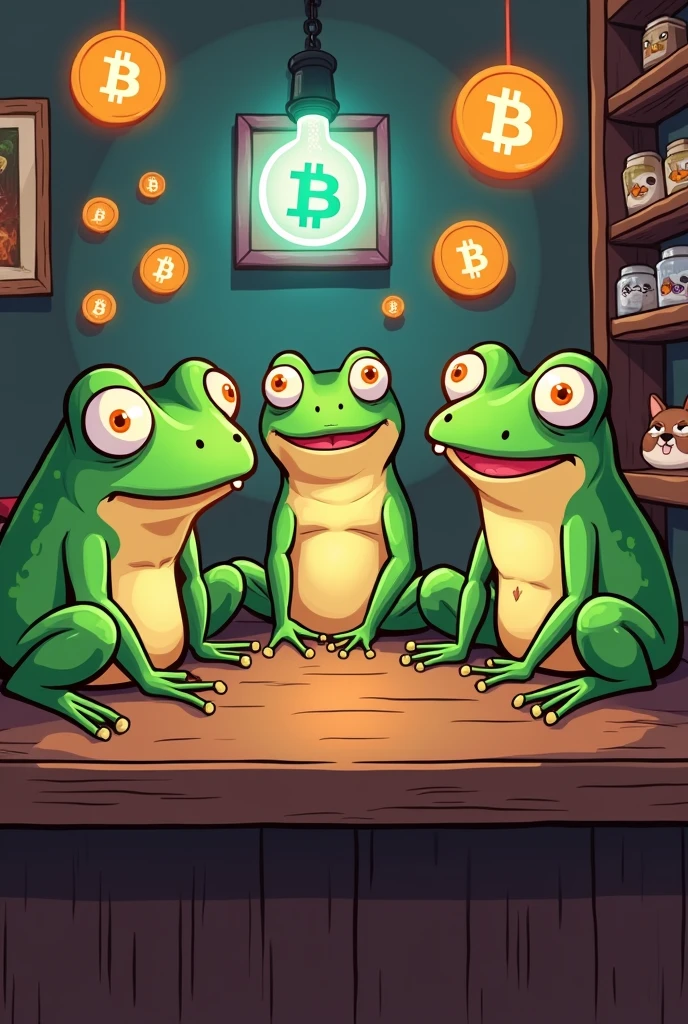 Drawing of 5 frogs (same as the picture) talking sitting in a bar and in the background symbols of Crypto tokens, in the eyes of these frogs the symbols of Bitcoin and memecoins (Dogecoin, Shina inu, pepe)
This drawing is to create a logo.