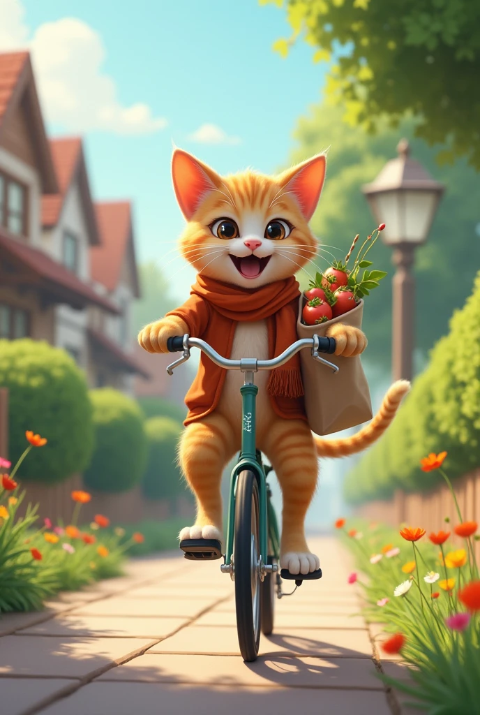 A cat rides a bike after fishing from the supermarket