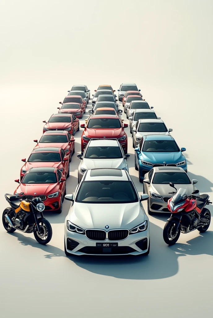 I need an image showing various models of cars, from the simplest to the most luxurious, with two similar motorcycles. 