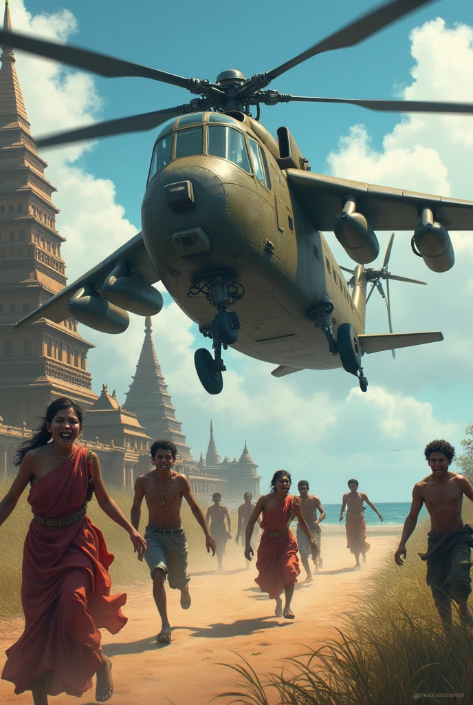 Mi24 helicopter attacking temples of Sri Lanka in Srilankan civil war near the sea side and people are running to save life and a small child is crying sitting