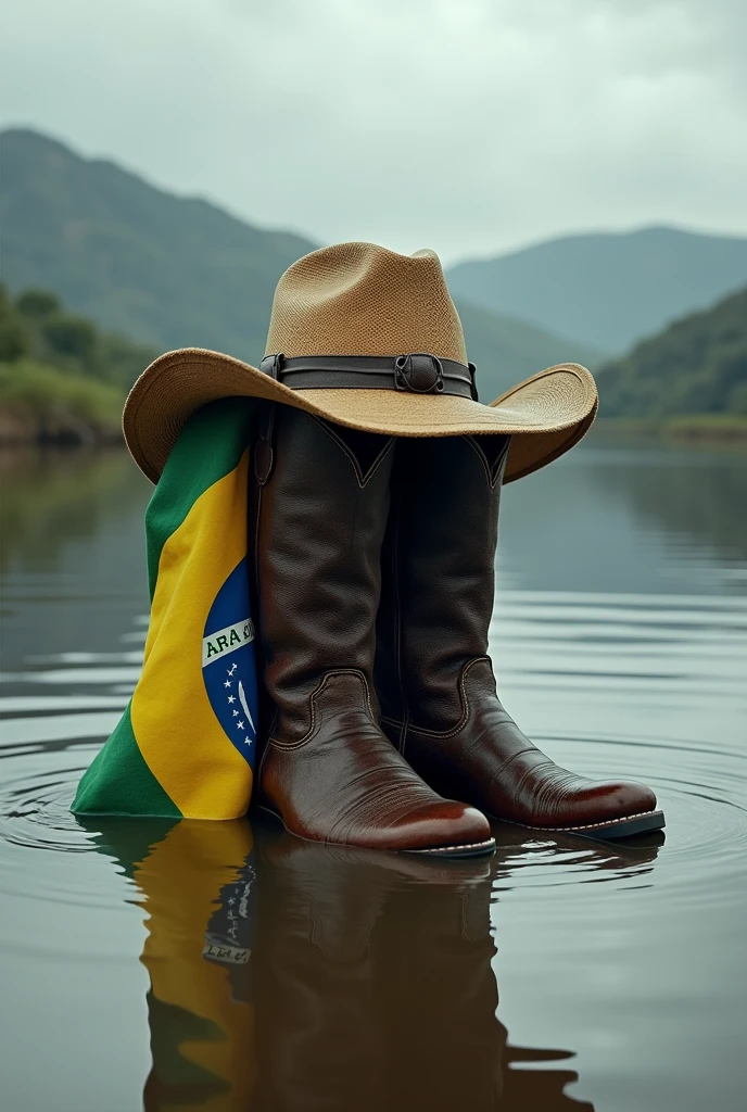 Create a realistic image showing a pair of traditional gaúcho boots partially submerged in floodwaters, symbolizing resilience. Nearby, a wide-brimmed gaúcho hat is floating or resting slightly above the water. The vibrant flag of Rio Grande do Sul is prominently displayed, either draped over something in the scene or partially reflected in the water. The background should include an overcast sky, adding a somber tone to the image, with hints of the surrounding flooded landscape.