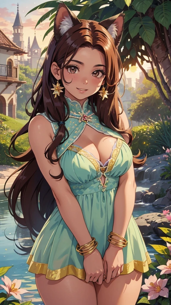 (best quality,4k,8k,highres,masterpiece:1.2),ultra-detailed,(realistic,photorealistic,photo-realistic:1.37),acrylic painting,beautiful Brazilian model in pink outfit with downy hair,beautiful Brazilian model with extremely colorful brown hair and detailed facial features,beautiful Brazilian model standing in a beautiful garden surrounded by a starry sky,brown hair,beautiful Brazilian model with intricate accessories,cat ears, ,beautiful Brazilian model with long flowing twintails,beautiful Brazilian model with bright brown eyes and rosy lips,beautiful Brazilian model with a joyful expression,beautiful Brazilian model in a dynamic pose with cherry blossoms falling around her,beautiful Brazilian model surrounded by colorful flowers and butterflies,beautiful Brazilian model with an enchanting smile,beautiful Brazilian model with soft, pastel-colored shading,beautiful Brazilian model with a magical glow illuminating her,beautiful Brazilian model in a picturesque setting with a winding path leading to a magnificent castle,beautiful Brazilian model with a fairytale-like background,beautiful Brazilian model with a soft, dreamy atmosphere,beautiful Brazilian model with a subtle bokeh effect,beautiful Brazilian model standing under a sunny sky,beautiful Brazilian model with a warm, golden sunset in the background,beautiful Brazilian model surrounded by twinkling stars and colorful nebulae,creating an ethereal and captivating artistic masterpiece, facing camera, up close, face only, suit dress outfit.