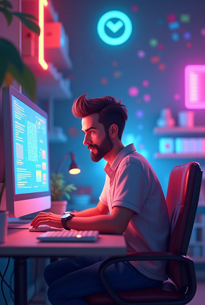 Create cinematic 3d cartoon style images "a man sitting in tention? Colour full,vertule in front of computer"
