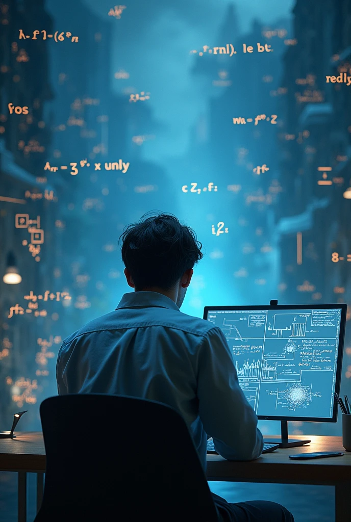 créé une image d’un Doctorant en mathématiques entrain de faire des recherches dans une salle fluide. Dans le dos du Doctorant sur est inscrit des formules en relation les intégrales oscillantes et dans le dos de l’ordinateur du Doctorant est inscrit en grand caractère et bien visible>.
